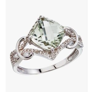 14K White Gold Green Amethyst and Diamond Cushion Ring Size 5.5